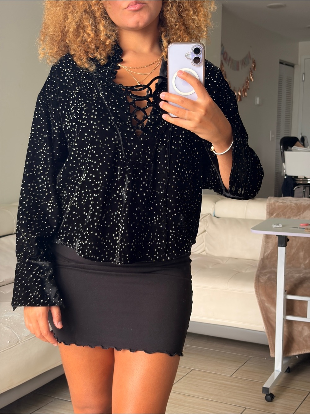 IRO Black Velvet Lace-Up Top with Silver Dot Print